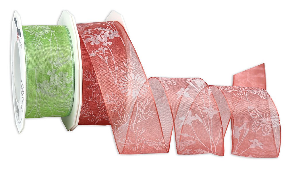 FLORAL organza 20-m-roll with wired edges